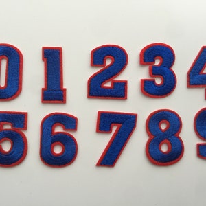 Può includere: Dieci toppe termoadesive con numeri blu da 0 a 9, contornati di rosso. Le toppe sono perfette per aggiungere un tocco personale a vestiti, borse o altri articoli in tessuto.