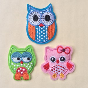 Set Of 3 Owls Iron / Sew On Embroidered Patch Appliqués Badge