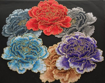 Distintivo per applicazioni con toppa ricamata da cucire con fiore di peonia grande, 7 colori disponibili