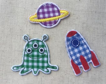 Lot de 3 fusées extraterrestres, vaisseau spatial, planète, fer à coudre, patch brodé, badges appliqués