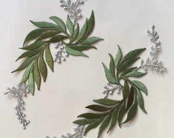 Conjunto de 2 insignias de apliques de parche bordado completo para coser o planchar con flores verdes