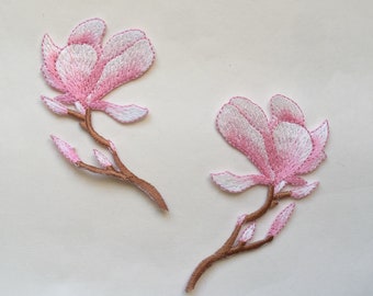 High Quality Pink Magnolia Flower Iron/ Sew On Full Embroidered Patch Appliqués Badge