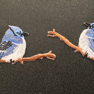 Un paio di patch ricamate ricamate con ferro da stiro per uccelli blu