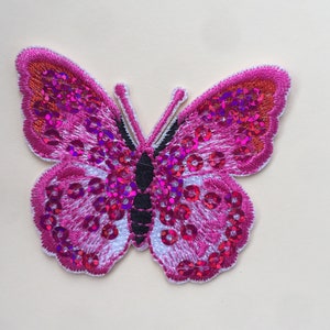 May include: A pink and white butterfly applique with sequins. The butterfly has a black outline and is made of fabric.