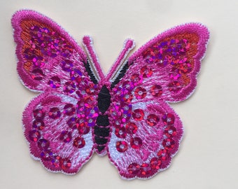 Pink Butterfly With Shining Dots Iron / Sew On Full Embroidered Patch Appliqués Badge