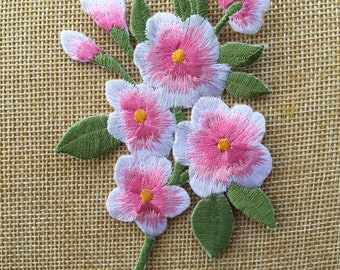 Pink Peach Apple Blossom Flower Iron/ Sew On Embroidered Patch Appliqués Badge