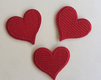 Set of 3 Red Heart Iron/ Sew On Full Embroidered Patch Appliqués Badge