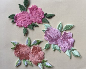 Set Of 3 Rose Flowers Iron/ Sew On Full Embroidered Patch Appliqués Badge