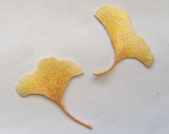 Parche bordado termoadhesivo o para coser con diseño de hoja de Ginkgo Biloba: aplique amarillo y verde
