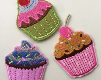 Set Of 3 Cupcakes Iron/ Sew On Full Embroidered Patch Appliqués Badge