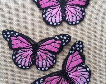 Set of 3 Light Pink Butterfly Iron/ Sew On Full Embroidered Patch Appliqués Badge