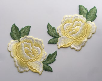 Set Of 2 Yellow colour Rose Flowers Sew On Full Embroidered Patch Appliqués Badge