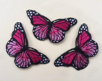 Set of 3 Pink Butterfly Iron/ Sew On Full Embroidered Patch Appliqués Badge