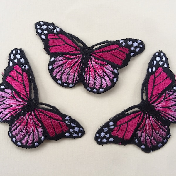 Set of 3 Pink Butterfly Iron/ Sew On Full Embroidered Patch Appliqués Badge