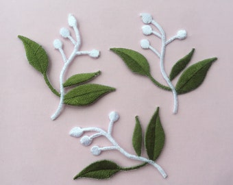 Set Of 3 Green Leaves And Flower Iron on Sew On Full Embroidered Patch Appliqués Badge