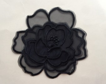 Four layer Black Flower Sew On Full Embroidered Patch Appliqués Badge