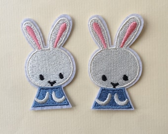 Set Of 2 Bunnies Rabbit Iron / Sew On Full Embroidered Patch Appliqués Badge