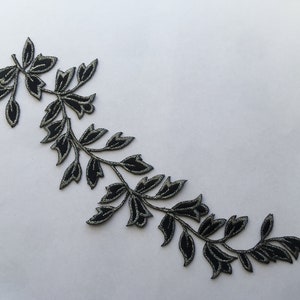 Large leaves long leaf Iron On Sew On Embroidered Patch Appliqués Badge Black silver edging