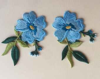 Set Of 2 Blue Flower Sew On Full Embroidered Patch Appliqués Badge