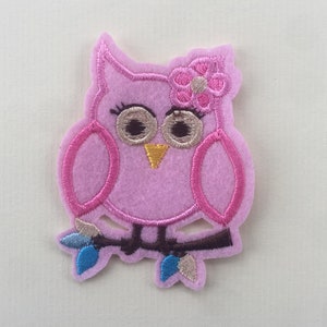 Peut inclure: Applique de hibou en feutre rose avec une fleur sur la tête, assis sur une branche brune avec des feuilles bleues et blanches.