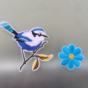 Blue Bird On Branch And Flower Iron/ Sew On Fu Embroidered Patch Appliqués Badge