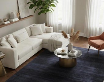 Hand Loomed Soft Viscose Area Rug Modern Solid Navy Blue Minimalist Luxury Hall