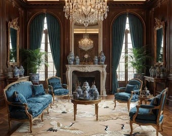 May include: A formal living room featuring a large crystal chandelier, dark wood panelling, and blue velvet furniture. A beige area rug with crane and cloud motifs sits beneath a round wooden coffee table adorned with blue and white porcelain.