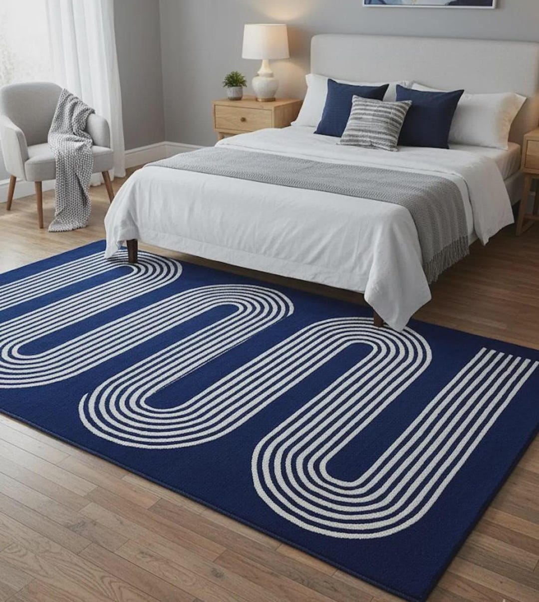 Hand Tufted Navy Blue Geometric Area Rug Soft Modern Abstract White ...