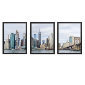 Set of 3 New York City Prints. Manhattan skyline with Brooklyn Bridge and Freedom Tower.