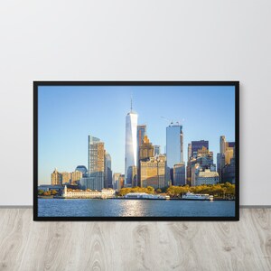 Lower Manhattan NYC skyline poster. Classic Manhattan wall art showcasing New York harbor.