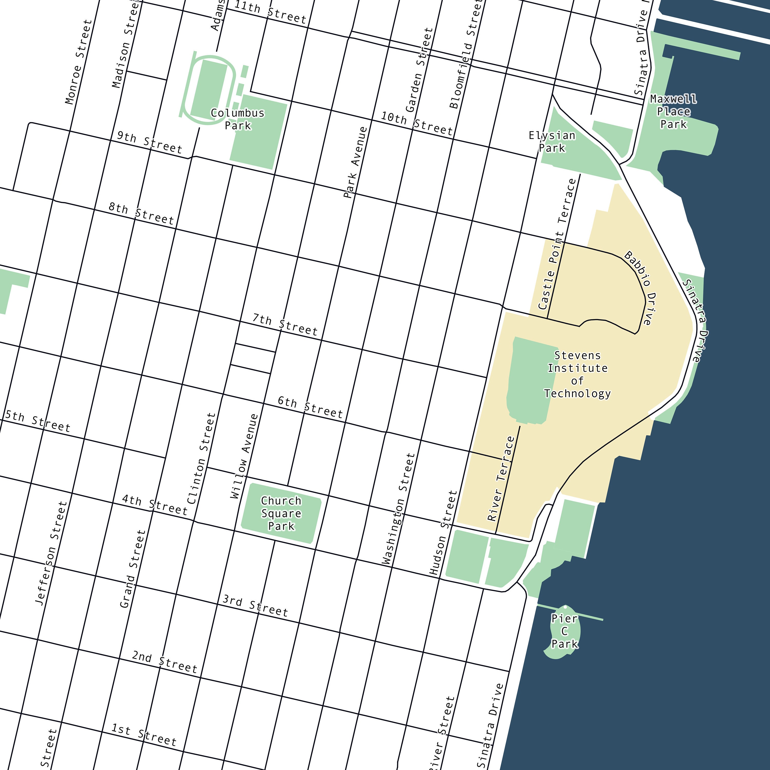 Hoboken City Street Map. Modern Map Art Poster of Hoboken in New Jersey