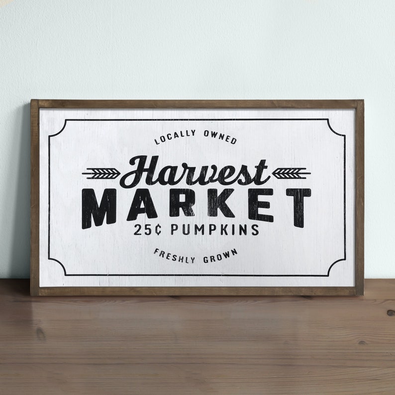 framed made by hand wood sign vintage inspired market Farmhouse HARVEST MARKET Hand painted black and white fall Wall decor