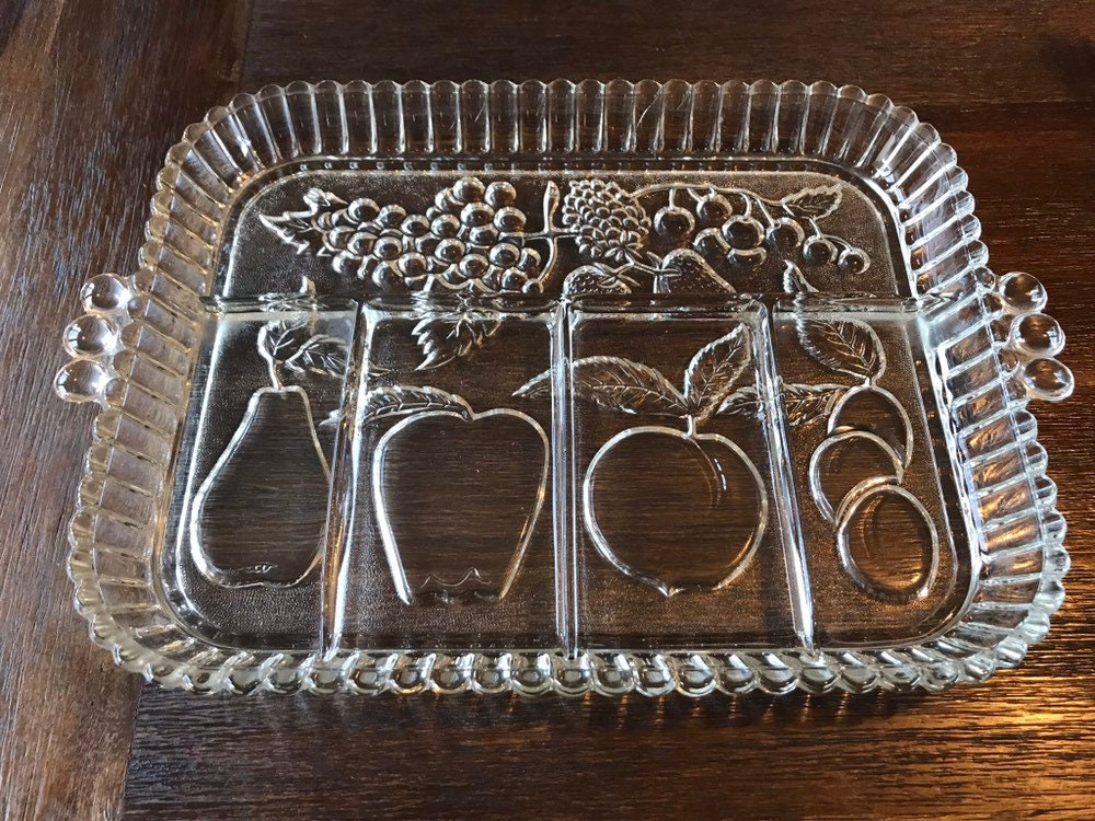 Vintage Square Glass Serving Tray Divided Platter with Graphic Red Apples by Colony