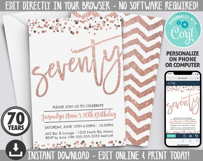 70th Birthday Invitation INSTANT DOWNLOAD Rose Gold 70th | Etsy