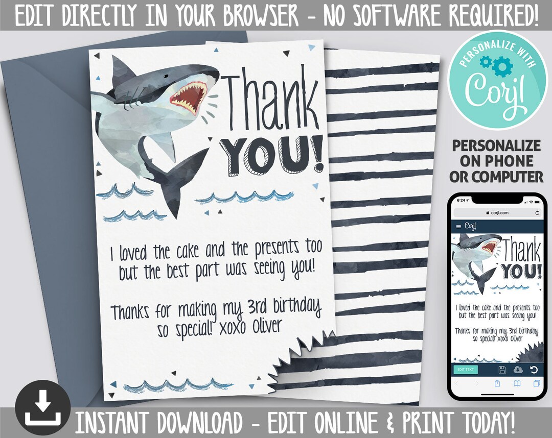 Shark Thank You Card INSTANT DOWNLOAD Printable Shark - Etsy