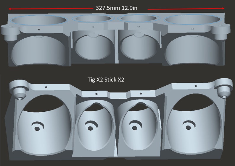 以下が含まれることがあります： 幅327.5mmの4気筒エンジンブロックの3Dプリントモデル。モデルはグレーのプラスチック製で、詳細なデザインが施されています。モデルには「Tig X2 Stick X2」の文字が印刷されています。