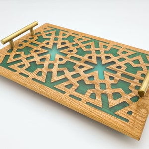 Oak Serving Tray: Aqua Epoxy Resin Inlay with Brass Handles