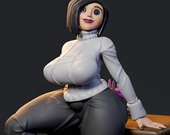 Peut inclure: Une figurine 3D d'une femme aux yeux en boutons, vêtue d'un pull à col roulé blanc et d'un pantalon gris. La figurine est assise, un bras posé sur une surface en bois. La femme a les cheveux noirs courts et du rouge à lèvres rouge.