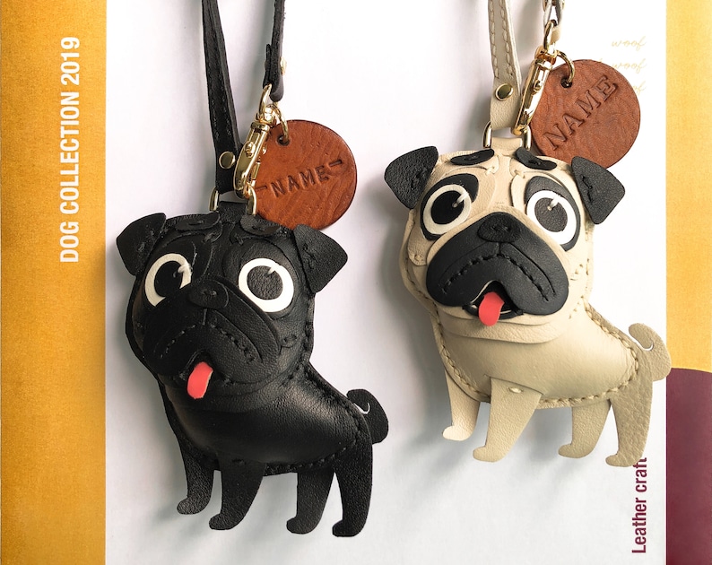 Leather gift Dog bag charm PUG gift Gift for pet lovers Leather charm Personalized leather keychain--PUG leather keychain