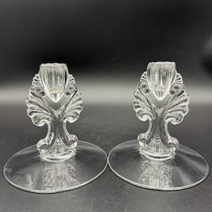 Vintage New Martinsville Clear Glass Candle Holders Janice Pattern Pair 5”