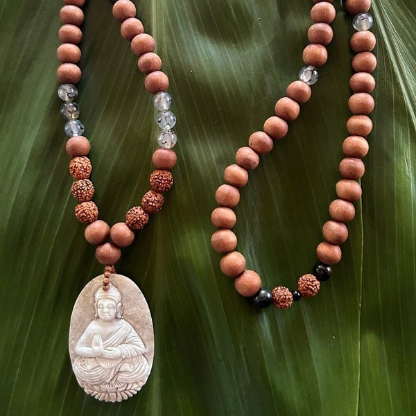 PRAYER BEAD MALA     Blue Tiger Eye, Dragon Vein Agate, Black Tourmaline, Sandalwood, Rudraksha ~ Deer Antler Buddha Pendant