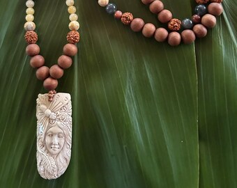 PRAYER BEAD MALA      Crazy Lace Agate, Labradorite, Sunstone, Honey Jade, Sandalwood, Rudraksha ~ Deer Antler Butterfly Goddess Pendant