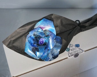 Long Stem Galaxy Paper Flower, Blue Paper Roses, Nerdy Gifts for Her, Celestial Gifts, Romantic Gifts, Unique Flower Gift