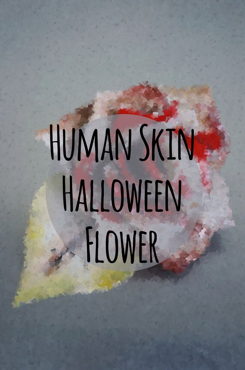 May include: A close-up of a red and yellow flower with the text "HUMAN SKIN HALLOWEEN FLOWER" superimposed on the image.