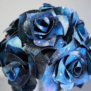 Galaxy Paper Flower Wedding Bouquet, Celestial Outer Space Theme, Blue Wedding Bouquet