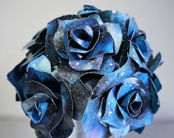 Galaxy Paper Flower Wedding Bouquet, Celestial Outer Space Theme, Blue Wedding Bouquet