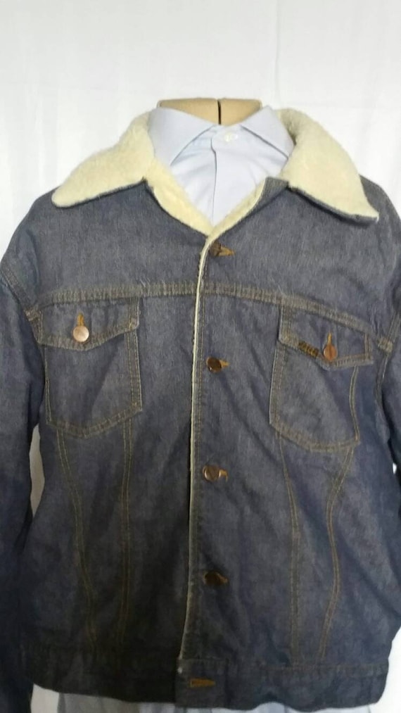 XL 1970s Blue Denim Trucker Coat Faux Fur Lining … - image 1