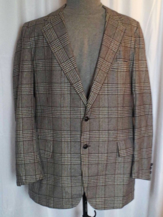 VTG 70s 46S Grey Glen Plaid Blazer Sport Coat 100%