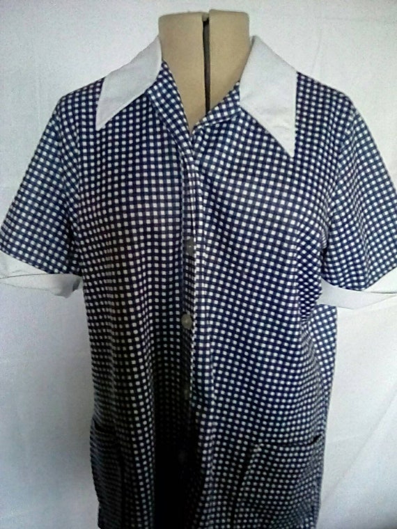 Large 1970s Blue and White Gingham Short Sleeve S… - image 1