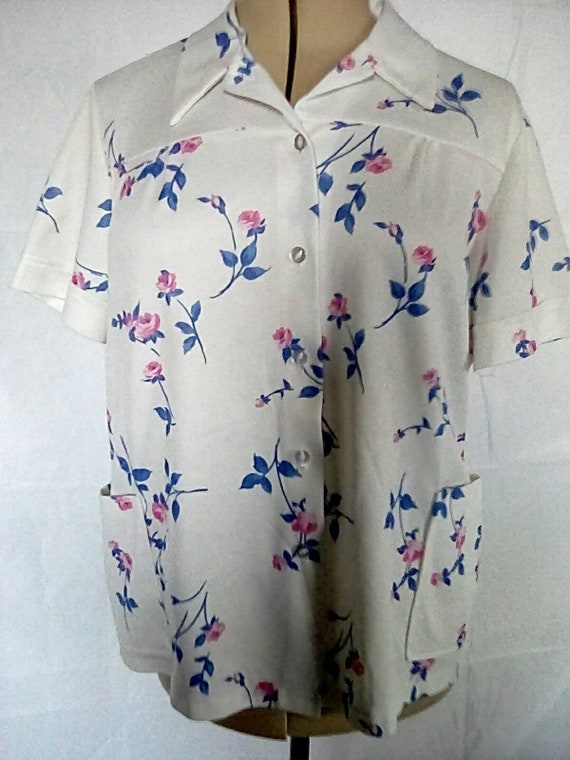 XL 1970s White Floral Short Sleeve Shirt VTG - image 1